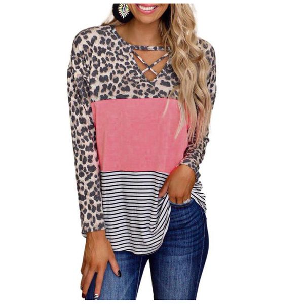 

spring autumn leopard stripe stitching long sleeve tee patchwork v-neck casual t-shirt women fashion, White