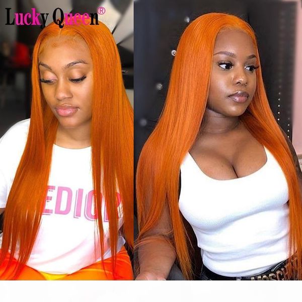 

lucky queen wigs brazilian remy straight ginger orange colored 13x6 transparent lace front human hair wigs for black women, Black;brown