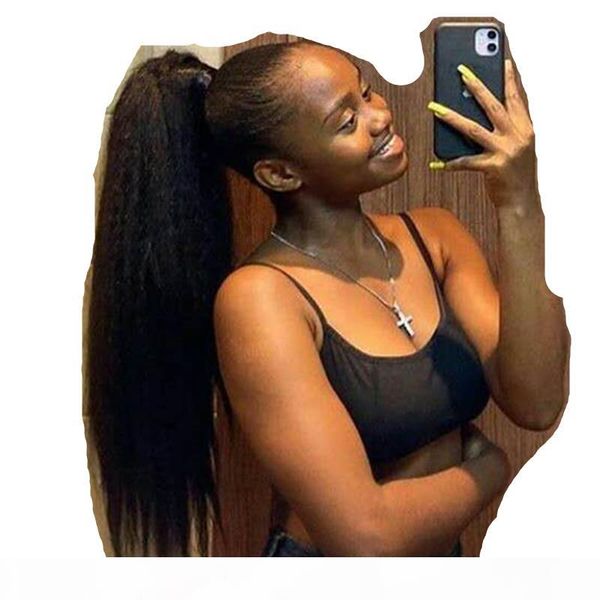 

new arrival coarse yaki kinky straight human hair ponytail hairstyle wrap around human hair ponytail extensions for women 120g 1b black colo