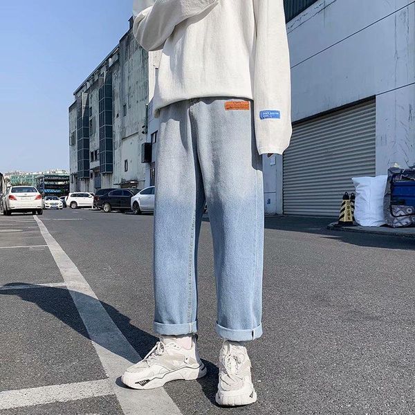 

spring autumn new hip-hop jeans men korean loose straight gradient denim plus size cropped pants, Blue