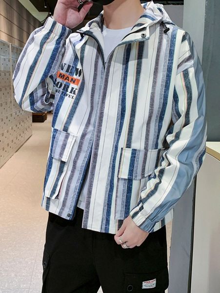 

men slogan graphic striped hooded jacket r3eo#, Black;brown