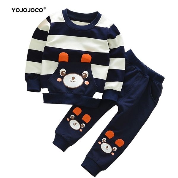 

spring and autumn baby boy clothes cartoon cute bear stripe printed cotton two-piece suit casual 220212, White