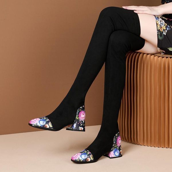 

boots ladies over the knee women print flower pointed toe shoes woman autumn winter warm high heel botas largas mujer1, Black