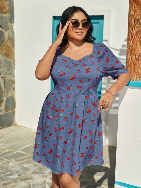 

plus cherry print sweetheart neck ruched dress f6s5#, Black