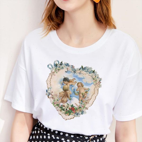 

new harajuku women t shirt summer casual tee shirt femme kawaii cute angel cupid print short sleeve o neck women clothes, White
