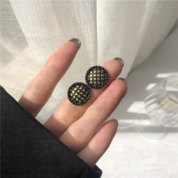 

vintage bronze button metal geometric round lattice stud earrings for women elegant jewelry, Golden;silver