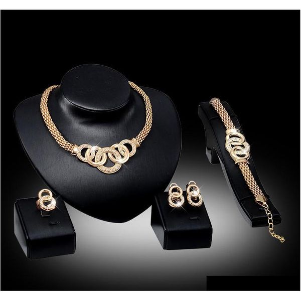 

bracelets necklaces earrings rings sets women fashion rhinestone 18k gold plated alloy circles party jewelry 4-piece set wholesale lgniq, Slivery;golden