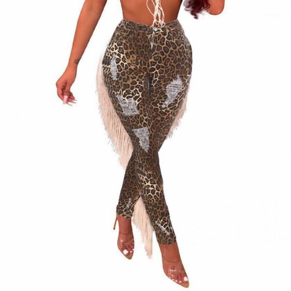 

women mid waist pencil pants streetwear fashion female skinny denim jeans leopard print ripped tassel washed jeans club1, Blue