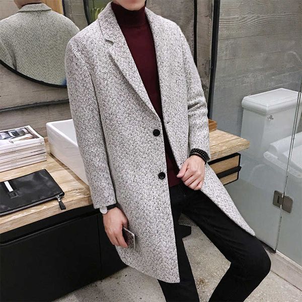 

autumn new korean woolen medium length windbreaker casual men's tweed coat, Tan;black