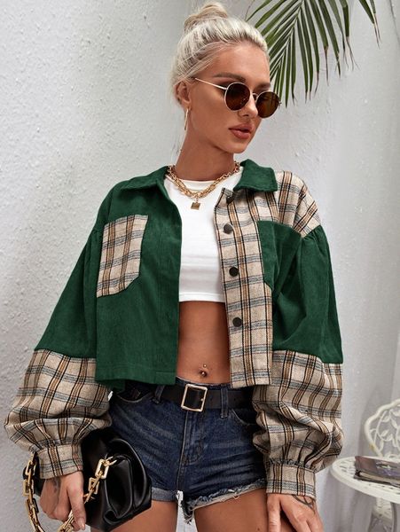 

tartan panel corduroy crop shacket m6jg#, Black;brown