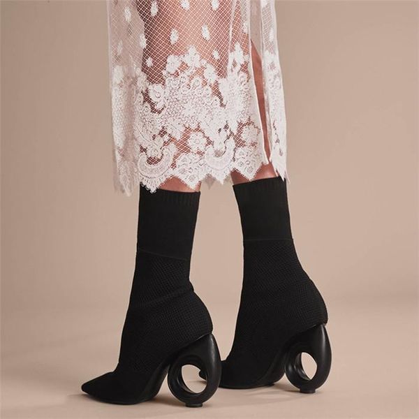 

boots runway style black beige hollow out strange heel ankle pointed toe slip on women knitted stretch sock botas ladies shoes