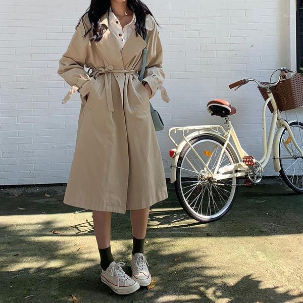 

women's trench coats [huang zheng] chic double breasted lace up mid length coat for women autumn 2021 korean version wt213471, Tan;black