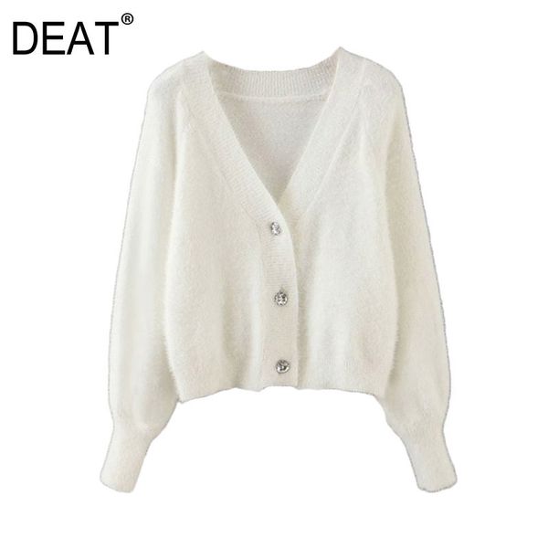 

[deat] mohair button solid knitted cardigan sweater loose fit v-neck long sleeve women new fashion tide autumn 13t281 201030, White