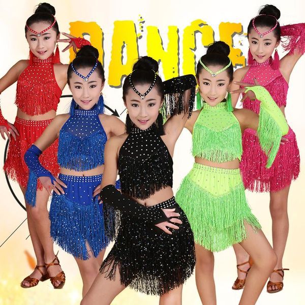 

tassels girls professional latin dance dress kids salsa performance costumes competition skating dancewear dresses outfits1, Black;red