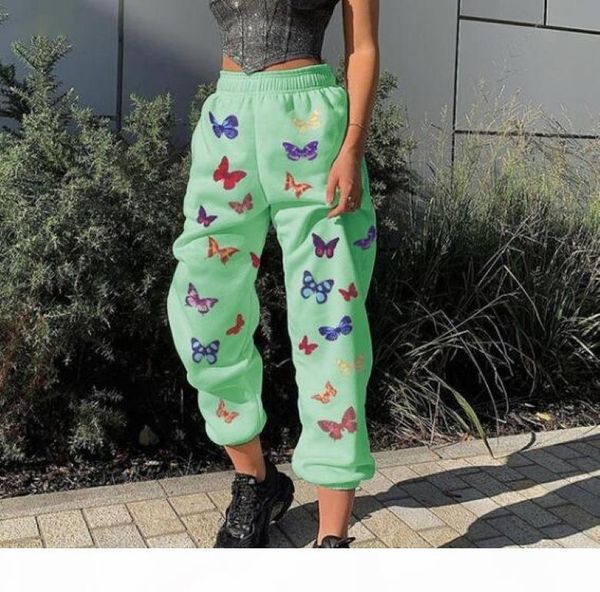 

womens designer pencil pants elastic waist butterfly printing casual spring long trousers woman mid waist loose pants, Black;white