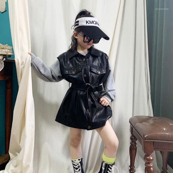 

clothing sets girls pu leather vest + sweater 2pcs 2021 spring autumn belt slim children fashion clothes 3-12y ws13881, White