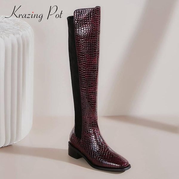 

krazing pot fashion boots microfiber stretch stone pattern mixed colors square toe thick med heel zip dress knee-high boots l2f7, Black