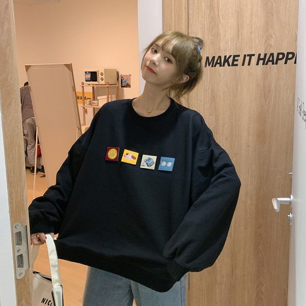 

net 2021 red salt jacket fall new loose lazy wind patched pink around the neck womanly sweater 03st, Black