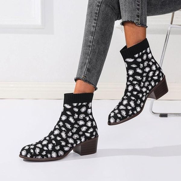 

boots autumn winter women's chunky heel knitted pointed toe elastic slip-on ankle casual leopard printed shoes bota feminina, Black