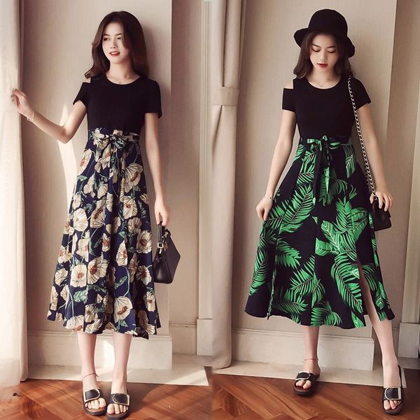 

new summer clothing fat mm waist slimming contrast color stitching large size women's clothing fat sister hidden summer suit style wais, Black;gray