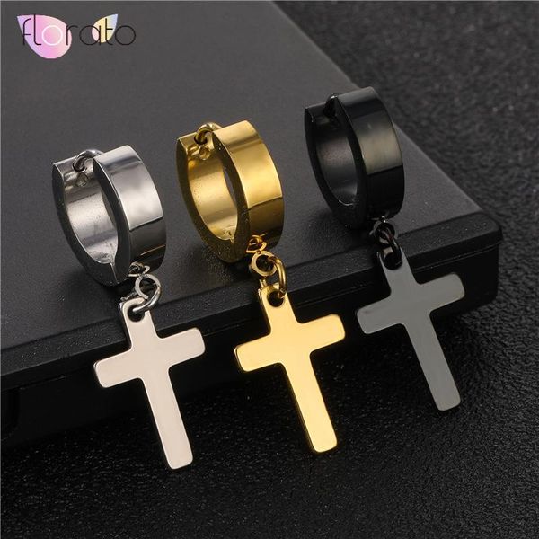 

hoop & huggie 1pc prevent allergy titanium steel earrings for women gold/black/silver color cross pendant round small 3, Golden;silver