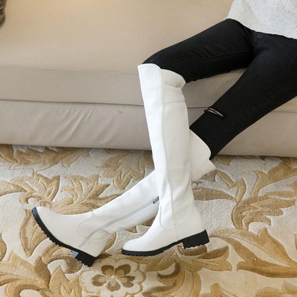 

round toe med heel boots women's rubber shoes rain zipper thigh high heels high over-the-knee rock pu, Black