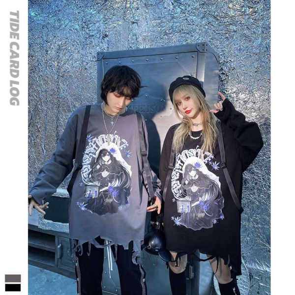 

spring and summer new ins creative two-dimensional animation girl jk high street cut hole hem tide brand t-shirt men, Black