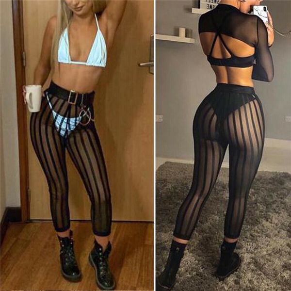 

2019 women striped mesh sheer perspective pants+short pant slim high waist see through trousers summer party club wear