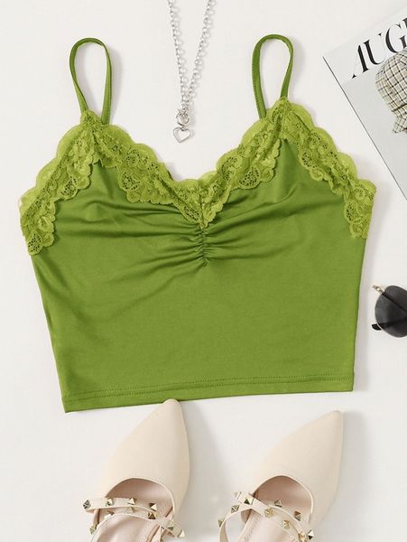 

contrast lace ruched cami m5bm#, White