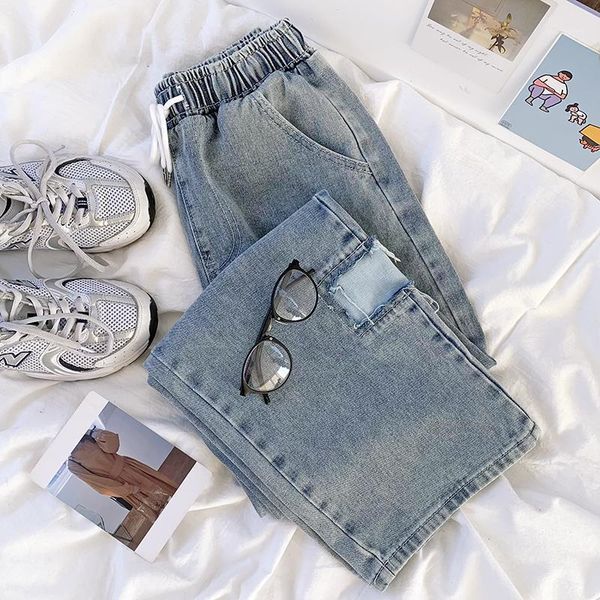 

women's jeans hole patch washed elastic high-waisted pants wide loose jeans1, Blue