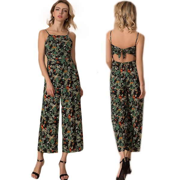 

2021 new summer ladies dark green vintage floral printed casual spaghetti strap jumpsuits backless jumpsuit ljg8, Black;white