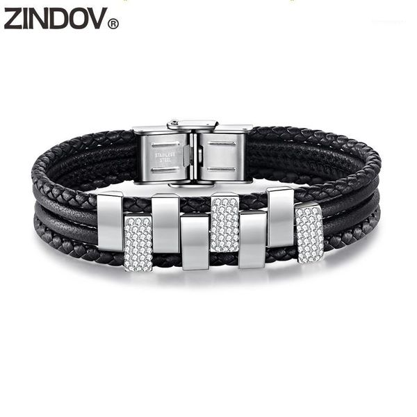 Tennis ZINDOV Bracciale da donna in pelle con cristalli neri Gioielli di moda per ragazze di alta qualità Intrecciato in acciaio inossidabile da donna1