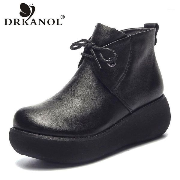 

boots drkanol genuine leather women autumn fashion retro handmade side zipper wedges platform casual ankle for women1, Black
