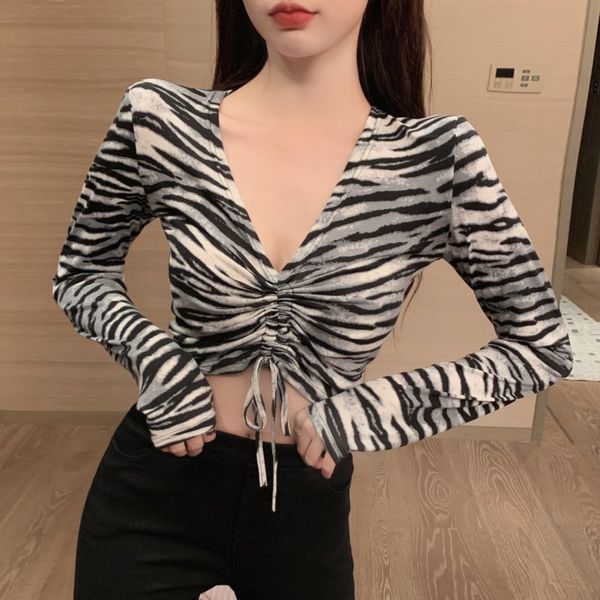 

real s~ zebra deep v-neck drawstring pleated short open navel top, White