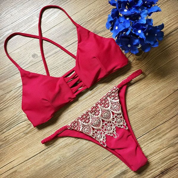 

2019 new red split swimsuit gold lace bikini, White;black