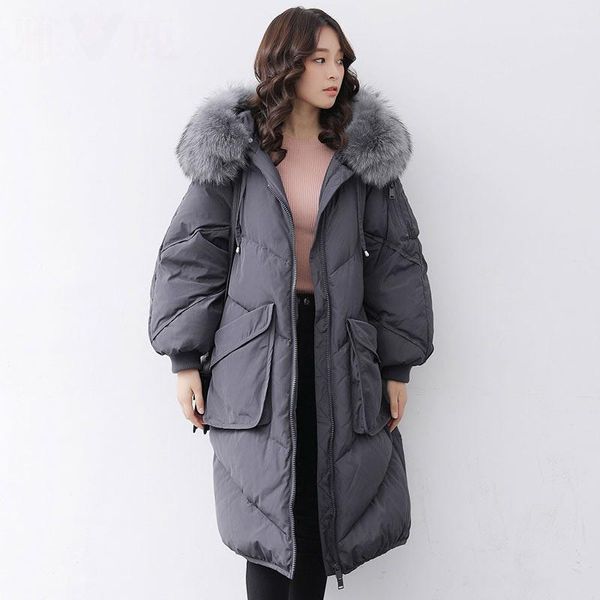 

natural raccoon fur collar hooded down coat outerwear women big pockets loose fit down jacket 2019 autumn winter1, Black