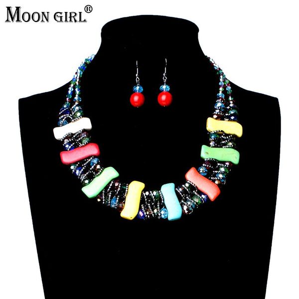 

moon girl geometric stone fashion jewelry set bohemian crystal necklace vintage drop earring set, Silver