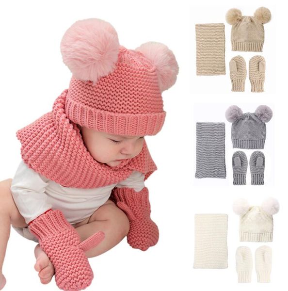 

kids winter knitted set knitted hat scarf gloves for kids 3pcs aged 0-3 solid color warm children's hat, scarf and gloves, Yellow