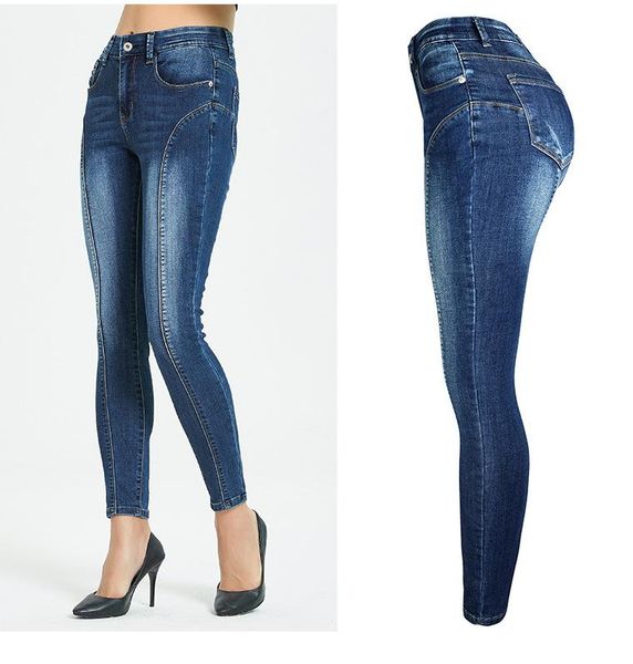

women push up hip pencil lift skinny jeans high elastic slim fit pocket jean trouser korean style large size stretch denim pants, Blue