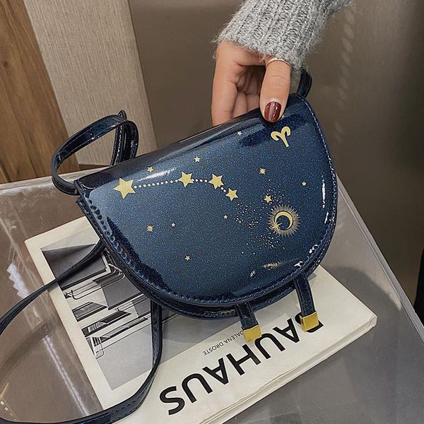 

french fashion retro patent leather saddle bag constellation bag & elegant shoulder messenger width 19cm height 14cm