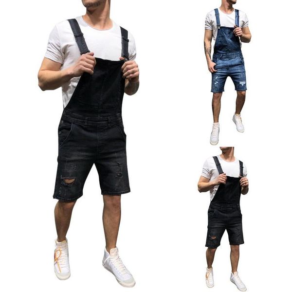 

men's jeans nice mens hole hip hop ripped short jumpsuits distressed denim overalls knee length suspender cowboy pants size s-xxxl, Blue