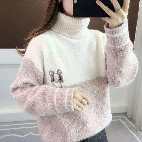 

chenille turtleneck pullover women's autumn and winter new korean lazy mink like sweater loose top, White;black