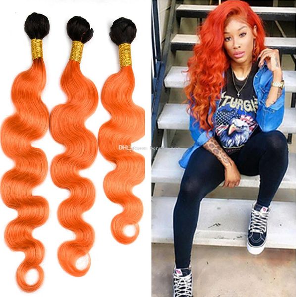 

dark roots ombre orange human hair extensions 3 bundles ombre 1b 350 orange human hair two tone body wave hair weft, Black