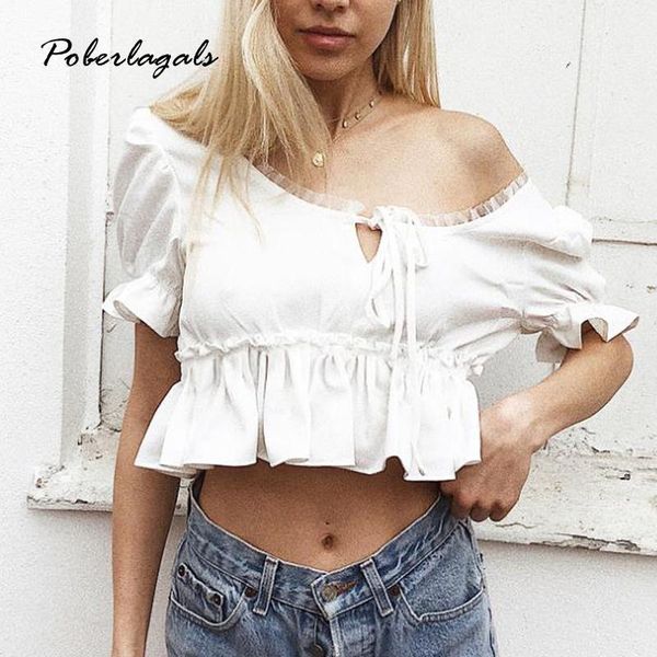 

summer 2018 cute crop female retro wooden ear neck drawstring straps short-sleeved wild shirt blouse for womens shirt 1, White