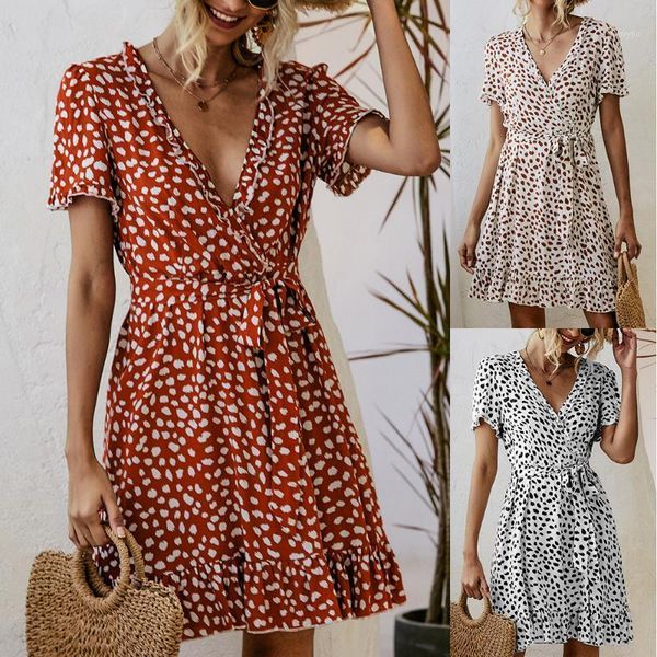 

mid length women's v-neck ruffle print dress summer 2020 new women1, Black