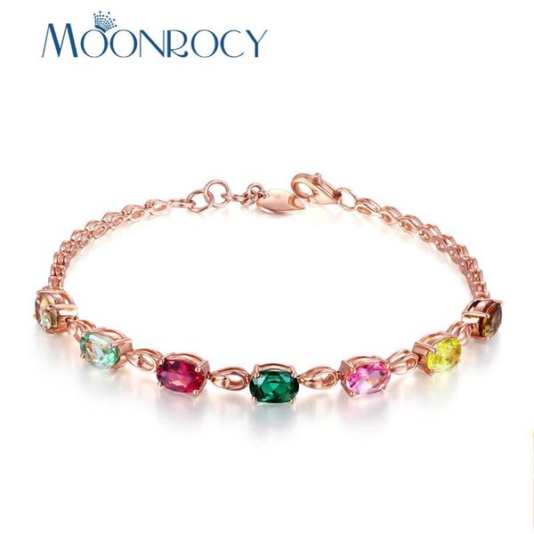 

link, chain moonrocy cubic zirconia colourful crystal bracelet oval rose gold color jewelry wholesale drop for women girls gift, Black
