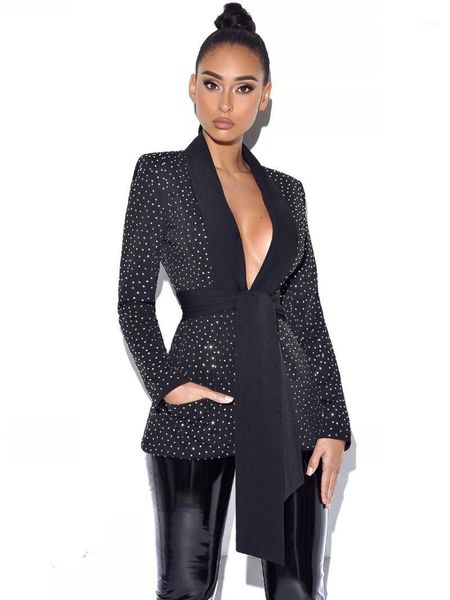 

deive teger deep v-neck heavyweight long sleeve beadings black jacket with sashes for women 2020 fall winter suit 83791, White;black