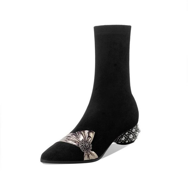 

crystal strange med heels sweet women ankle boots shoes woman 2020 autumn winter pointed toe wedding boots, Black