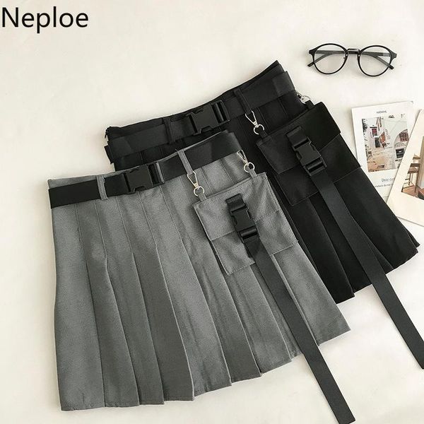 

neploe 2020 summer japanese women skirt korean causal belt high waist pleated a-line faldas mujer pocket ribbon skirts 4d1741, Black