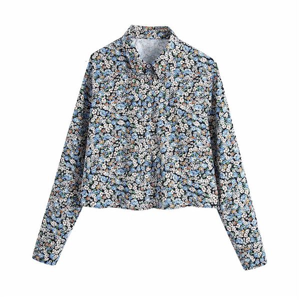 

2021 new blue floral printed crop women vintage lapel collar long sleeve button up shirt woman loose casual ladies blouses e863, White